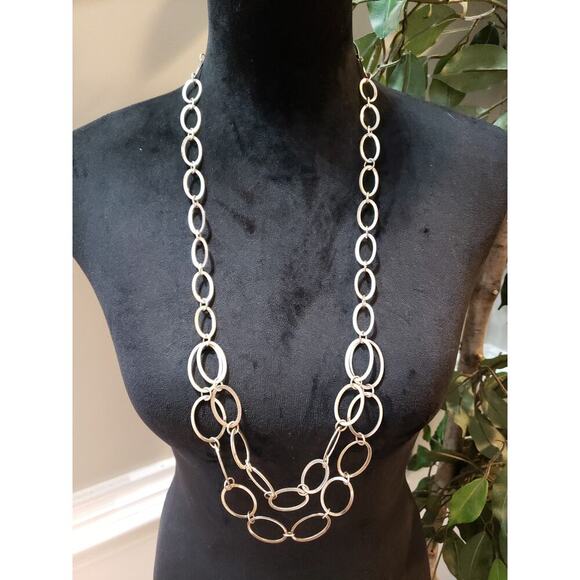 Women's Silver Tone Open Link Chain Necklace Layered Statement Boho Adjustable - Picture 1 of 6